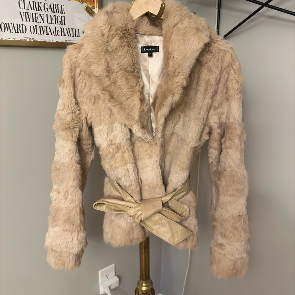 Bebe Y2K Leather and Rabbit Fur tan coat Jacket Size Large